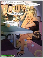 Horny cartoon woman going to night club with her boyfriend but flirting with others